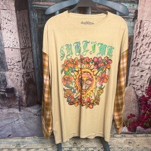 Sublime band graphic T-shirt with upcycled flannel sleeves, size medium, GUC